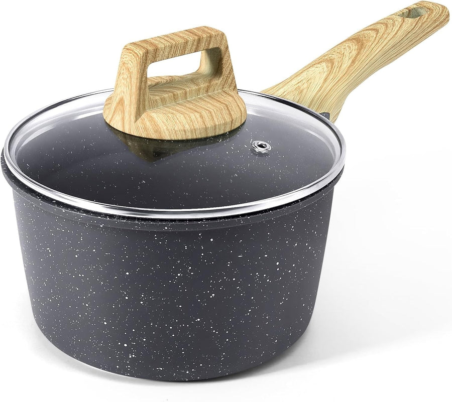 16cm Grey 1.5L Non Stick Saucepan with Lid Granite Cooking Pot Stay Cool Handle