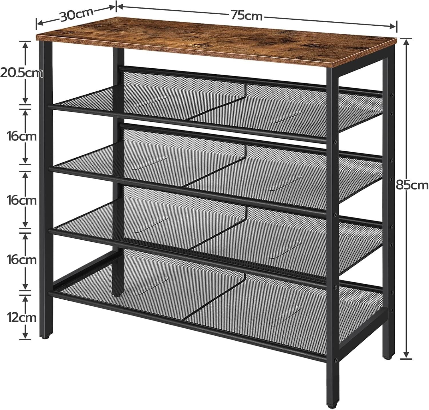 5 Tier Industrial Shoe Rack Stand, Adjustable Shelves, 75cm Wide Unit