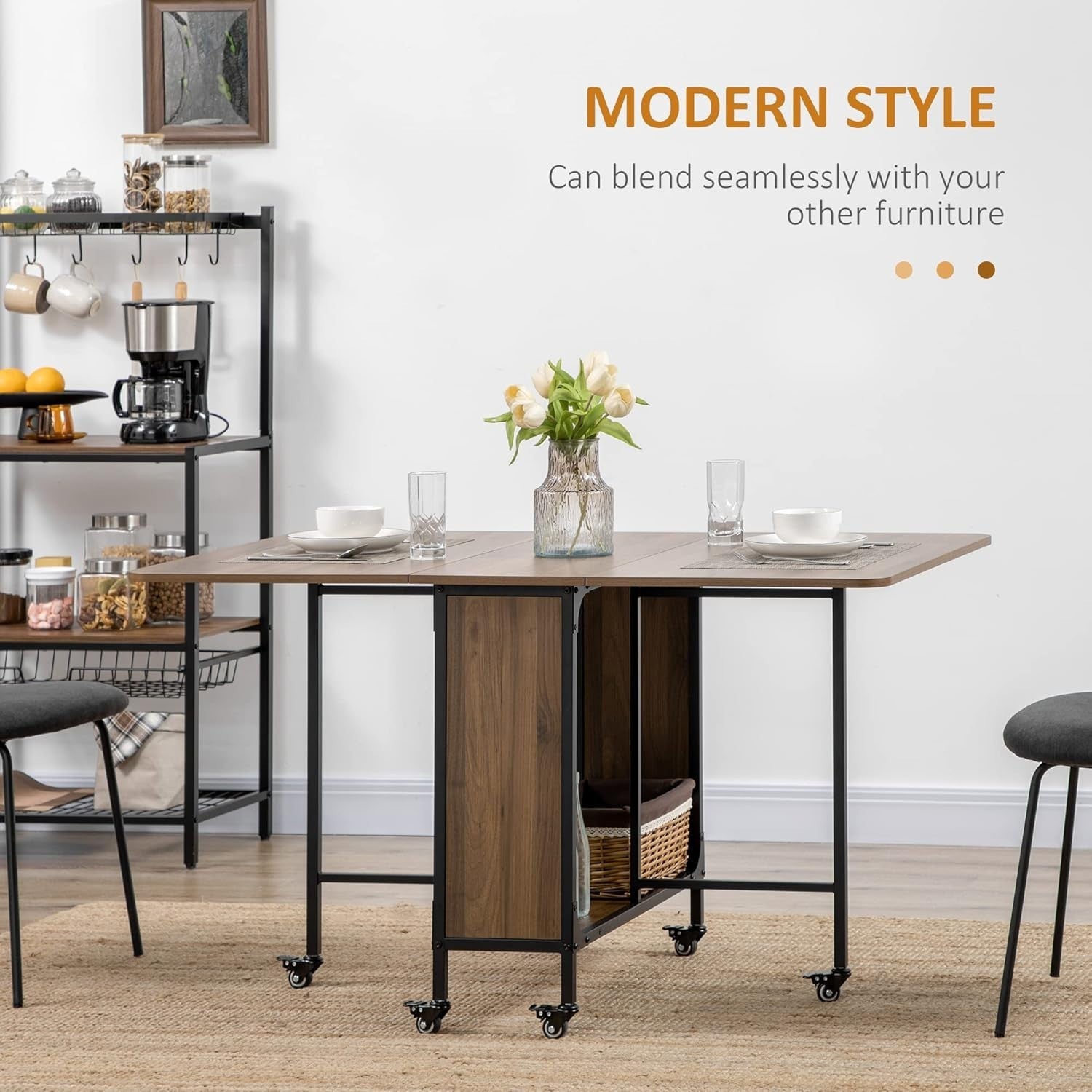 Folding Drop Leaf Dining Table with Wheels Storage Shelf Small Space