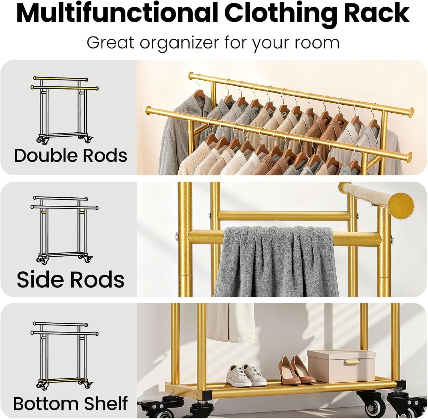 Heavy Duty Double Rail Clothes Rack with Wheels & Shelf – Gold
