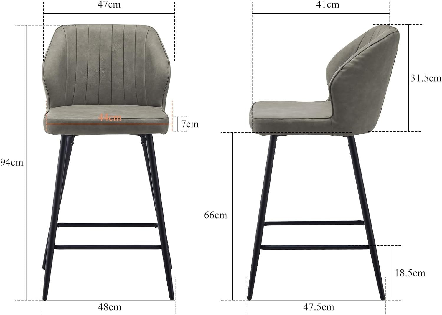Light Grey Bar Stool Set of 2 | Faux Leather Counter Stools with Back & Arms