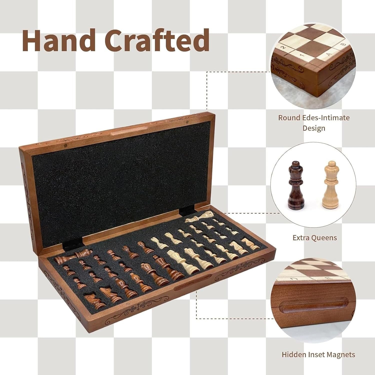 Luxury 15.7" Magnetic Folding Wooden Chess Set with Storage Slots Travel Game