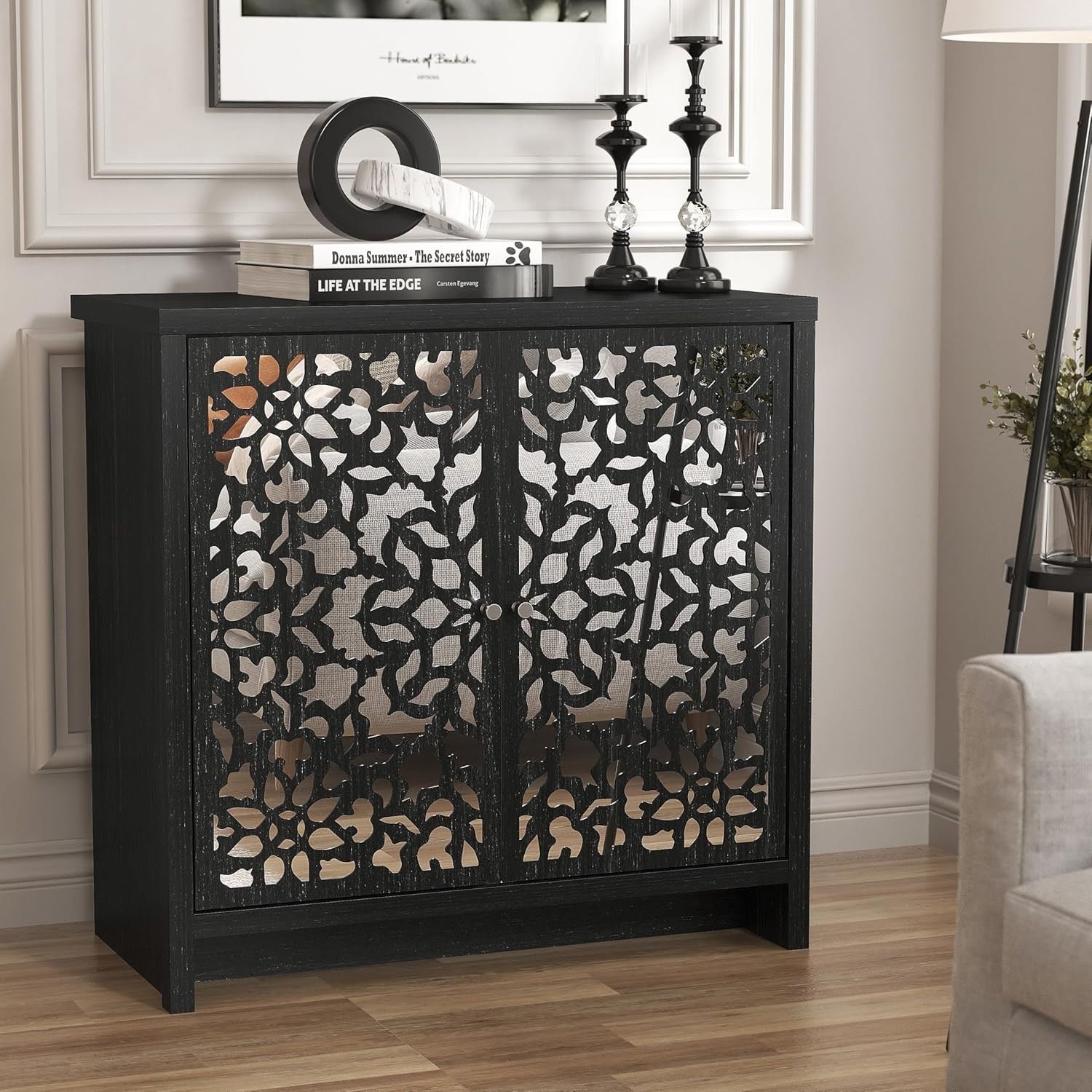 Modern Black Oak Sideboard with Mirror Laser Cut Doors Adjustable Shelf