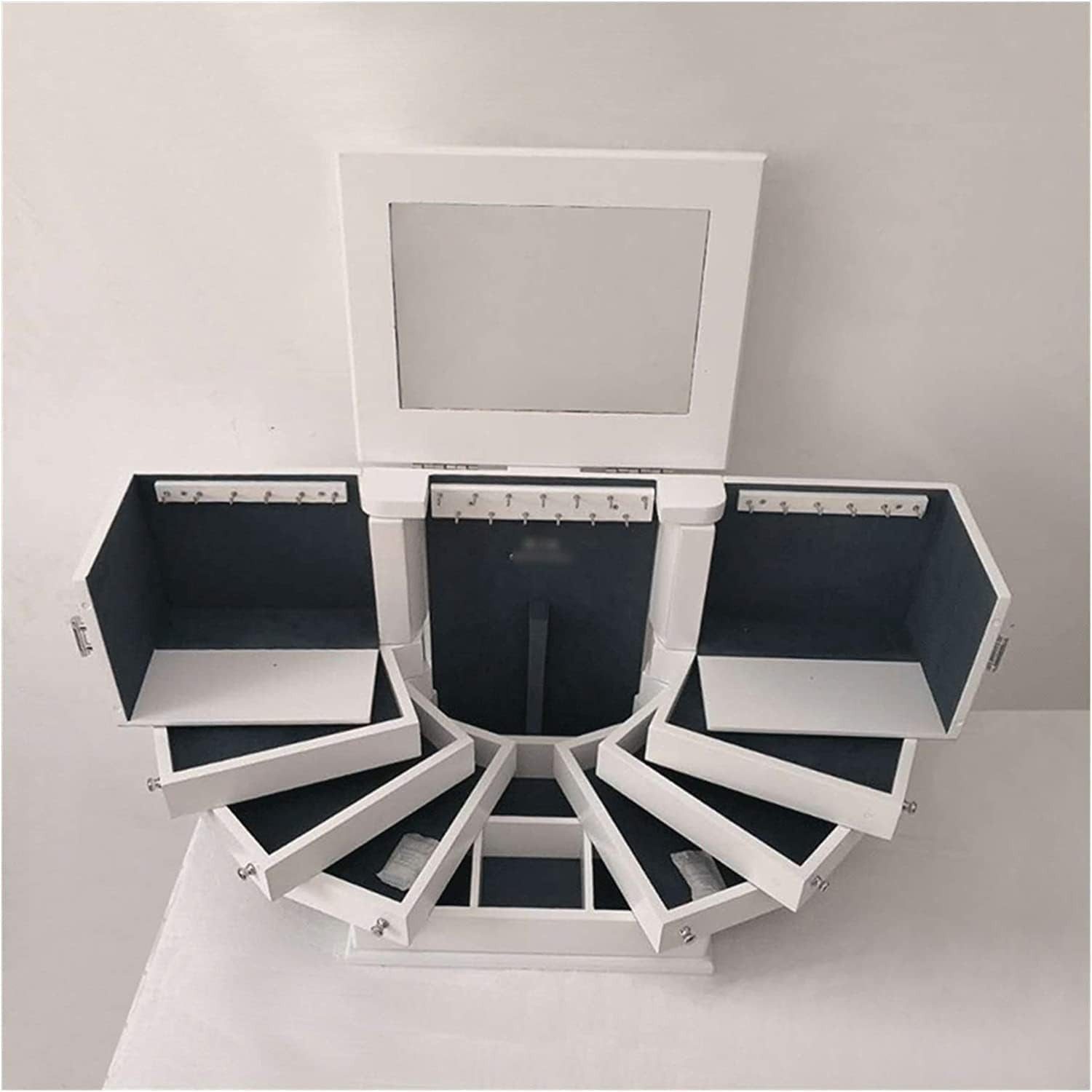 White Wooden Jewelry Box with Mirror Lid 5 Layer Large Organizer Case