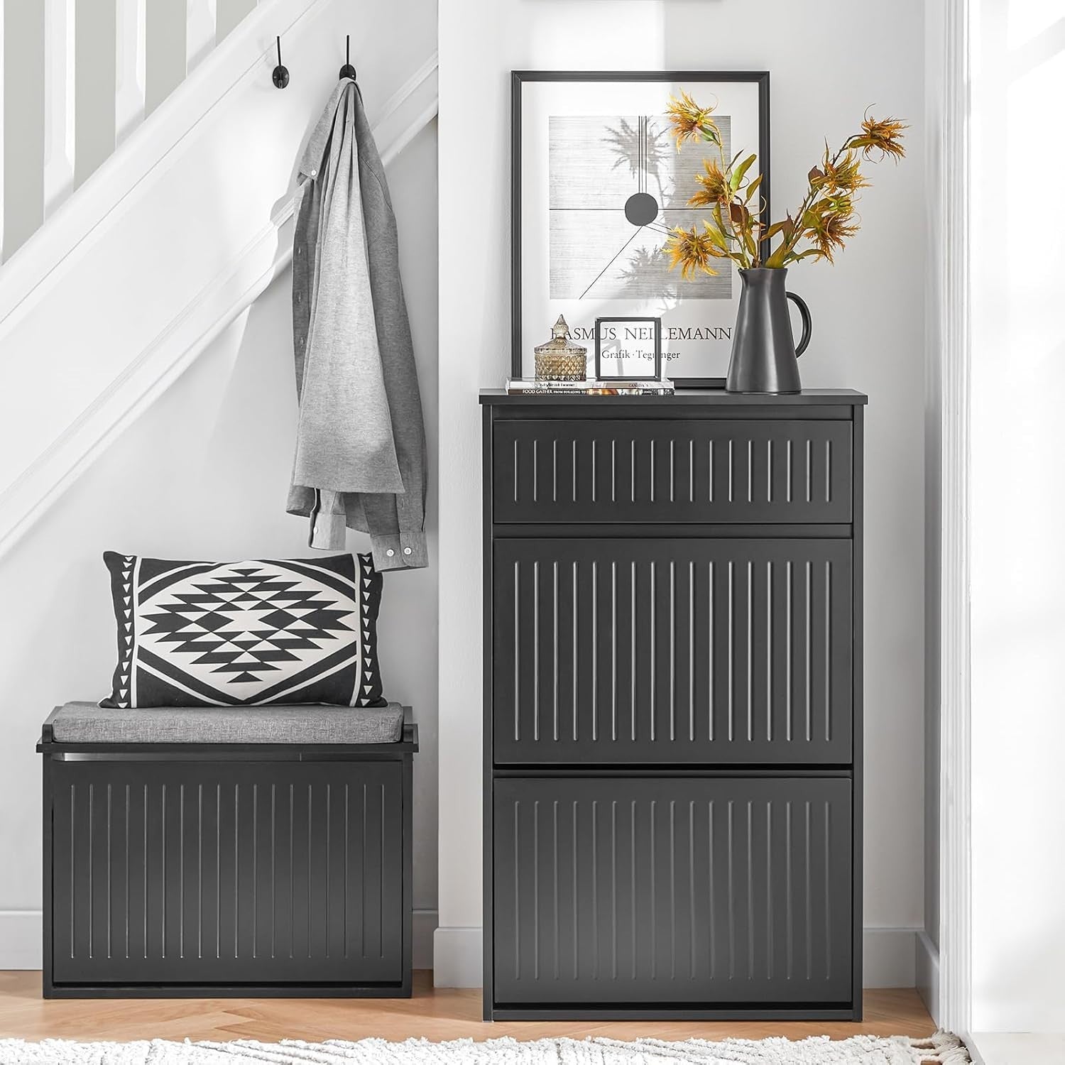Slim Black Shoe Storage Cabinet 2 Flip + 1 Pull-Out Drawer, Space Saver