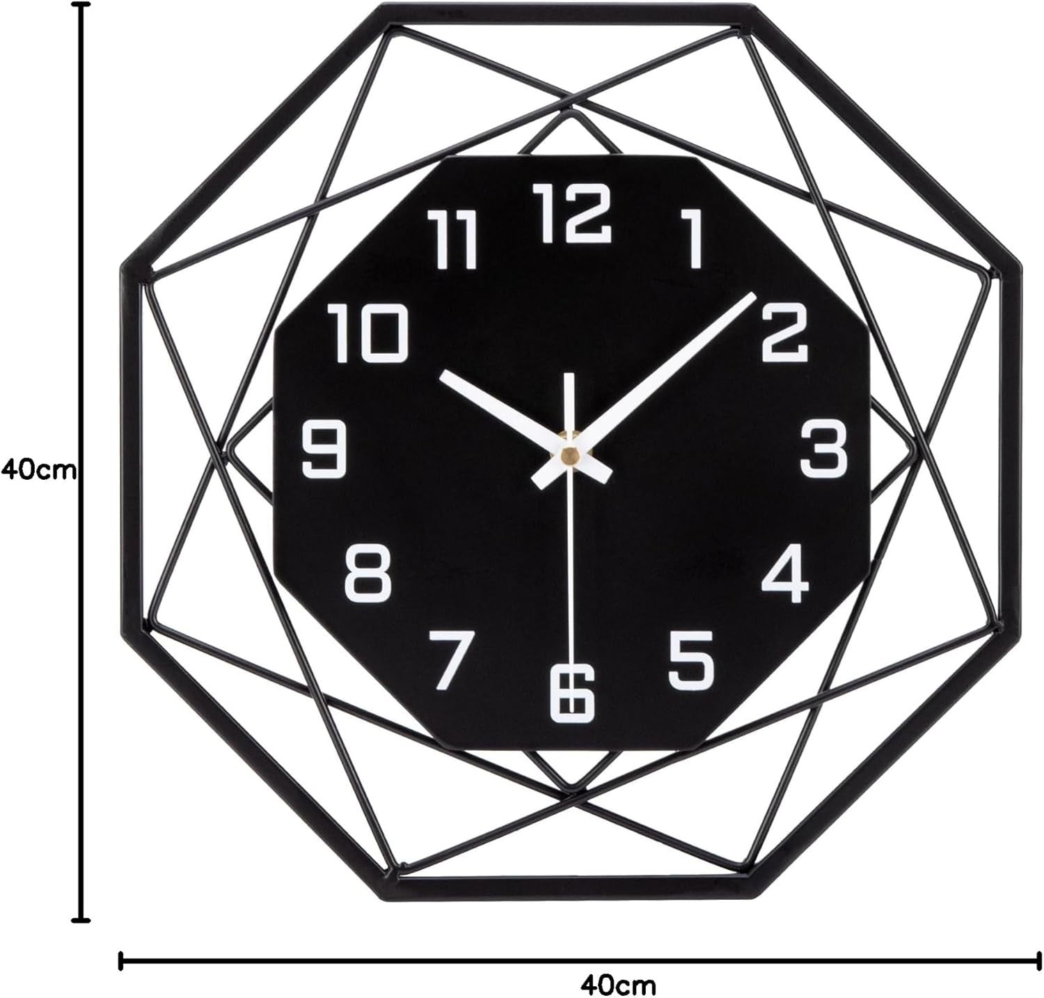 Large 40cm Modern Metal Wall Clock Silent Non-Ticking Black Geometric Decor