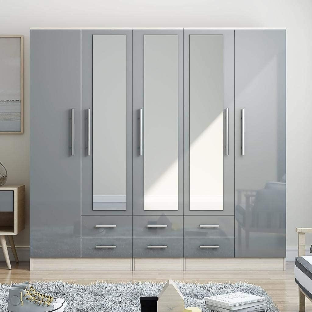 Grey High Gloss 5 Door Wardrobe with Drawers & Full Length Mirrors
