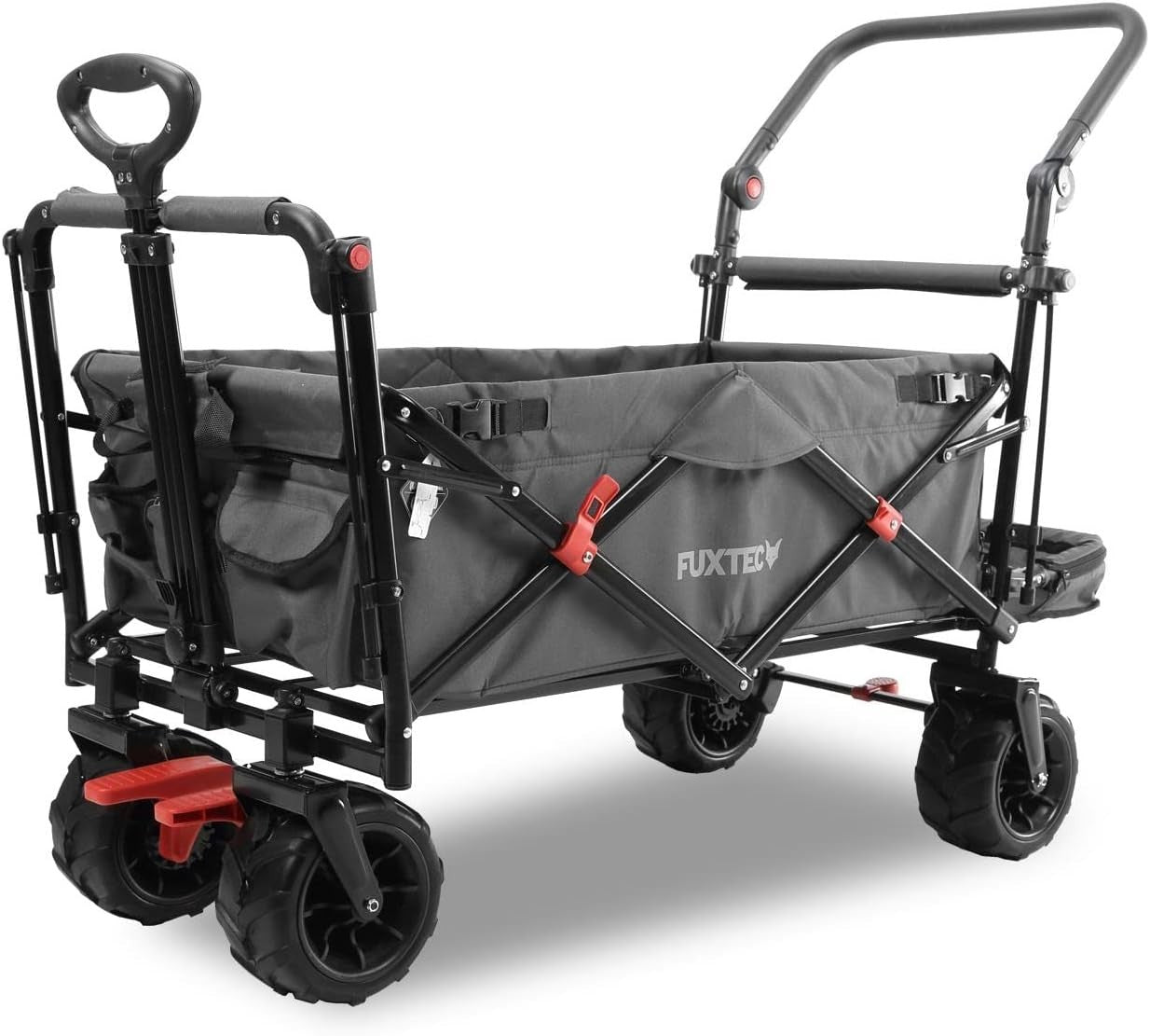 Grey Beach Wagon Foldable Cart w/ Roof Extra-Wide Wheels Push Handle & Brakes