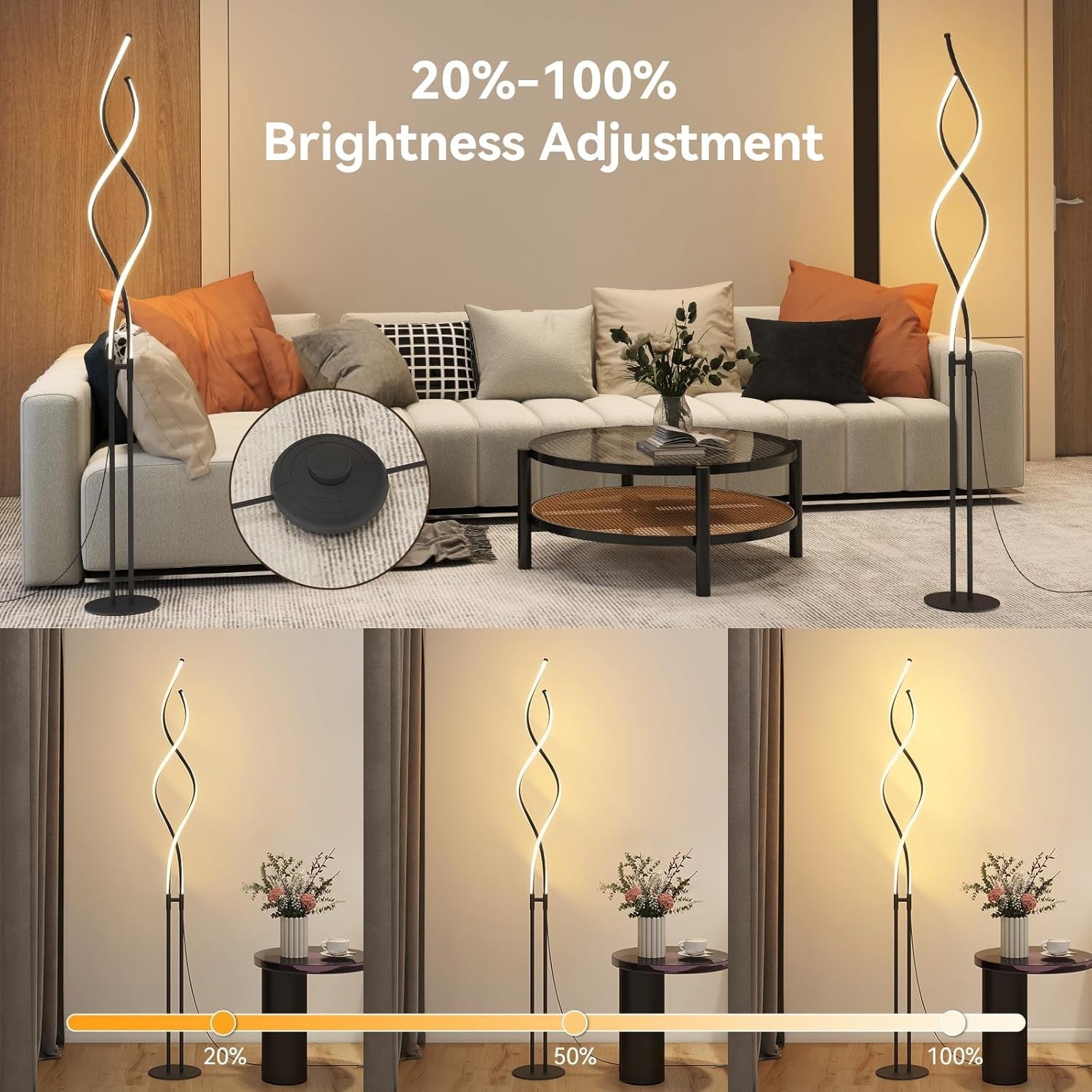 LED Spiral Floor Lamp Dimmable Corner Standing Light Modern Tall Lamp