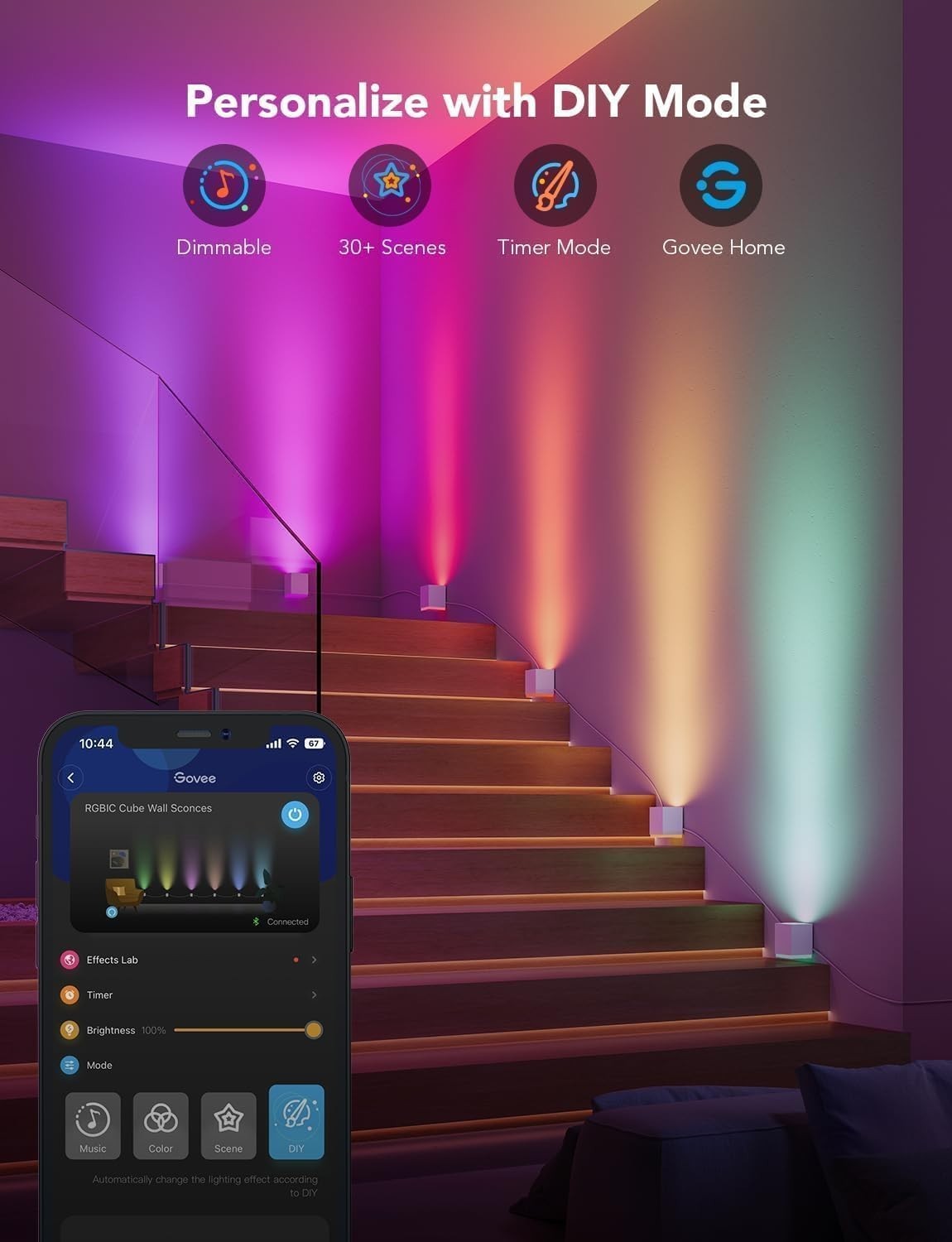 Color-Changing RGBIC LED Wall Light with Alexa, Adjustable Cables & Music Sync