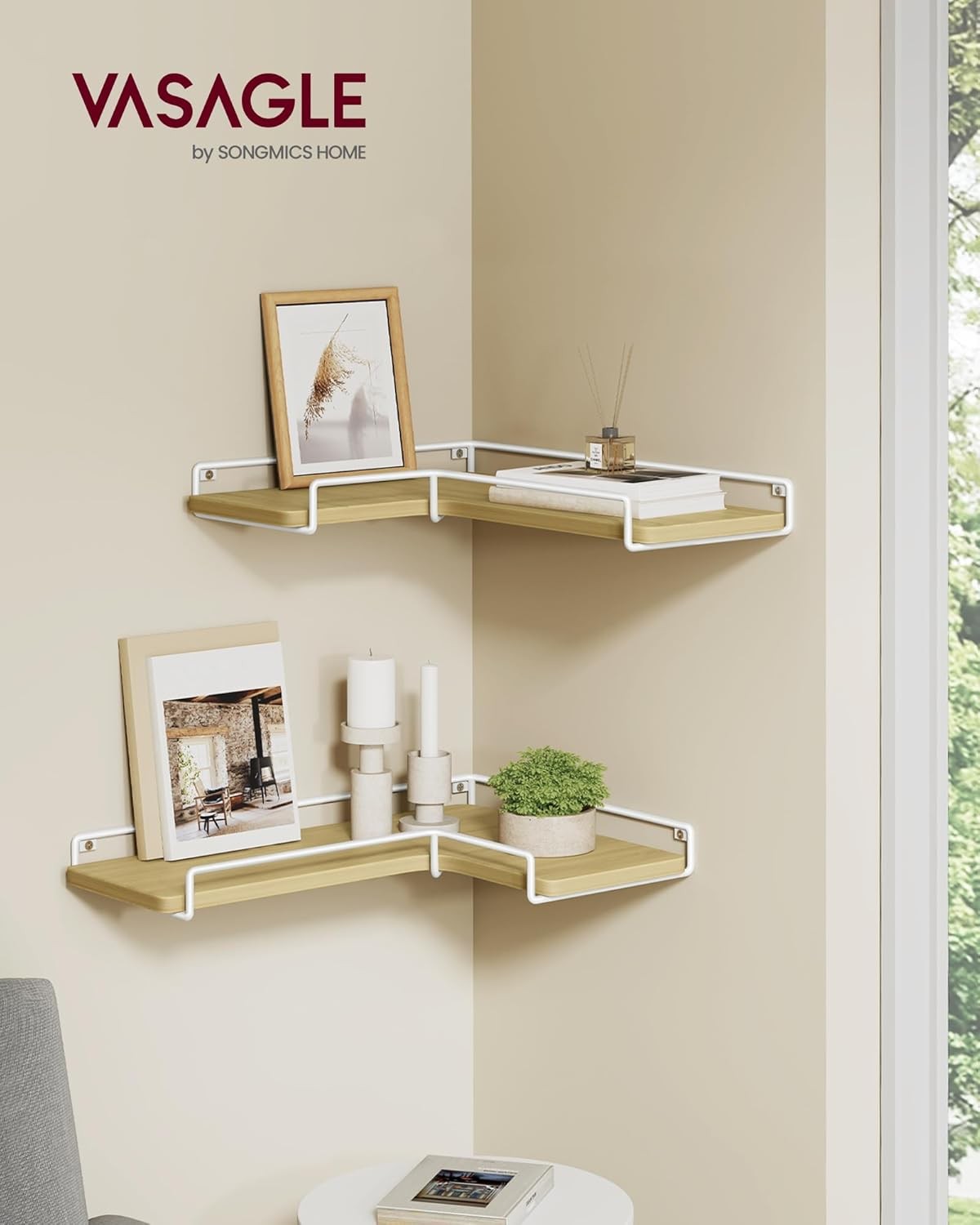 L-Shaped Floating Corner Shelves Set of 2 Wall Mounted Storage Natural Oak
