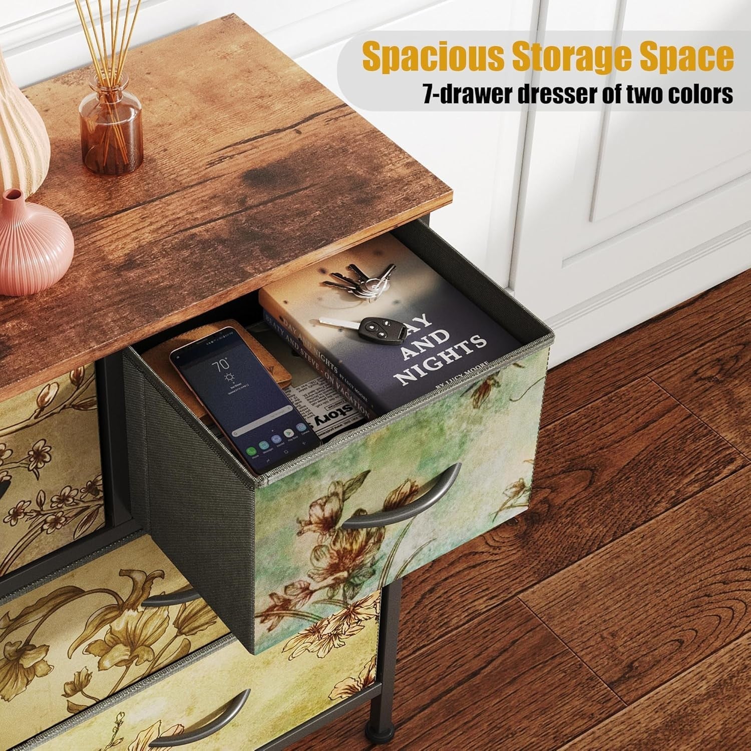 7 Drawer Tall Chest Storage Unit Rustic Fabric Dresser for Bedroom Hallway
