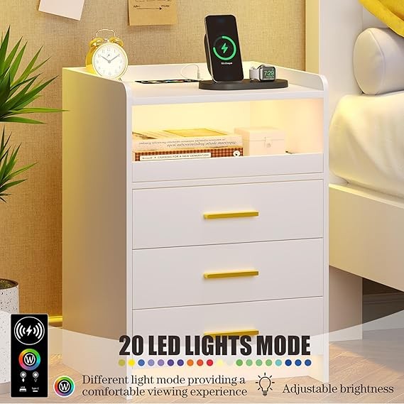 White LED Bedside Table with Charging Station & 3 Drawers | Modern Nightstand