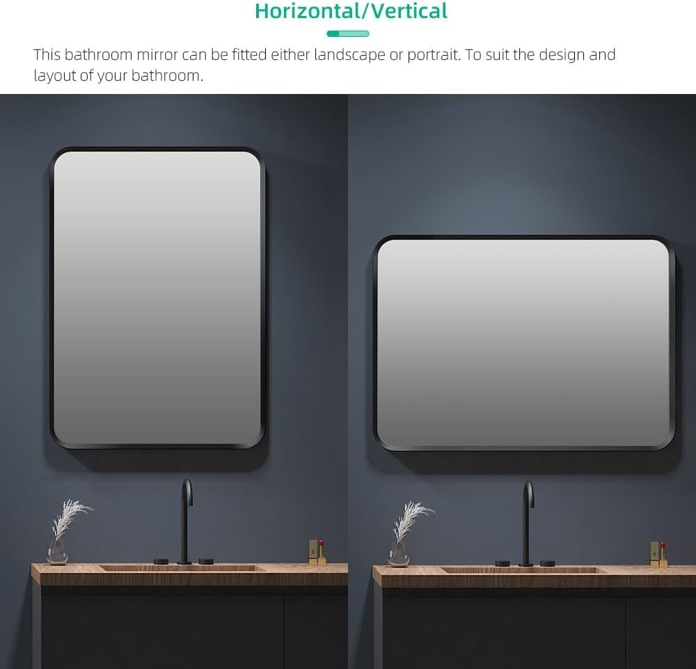 Black 50x70cm Bathroom Wall Mirror with Rounded Corners & Aluminum Frame