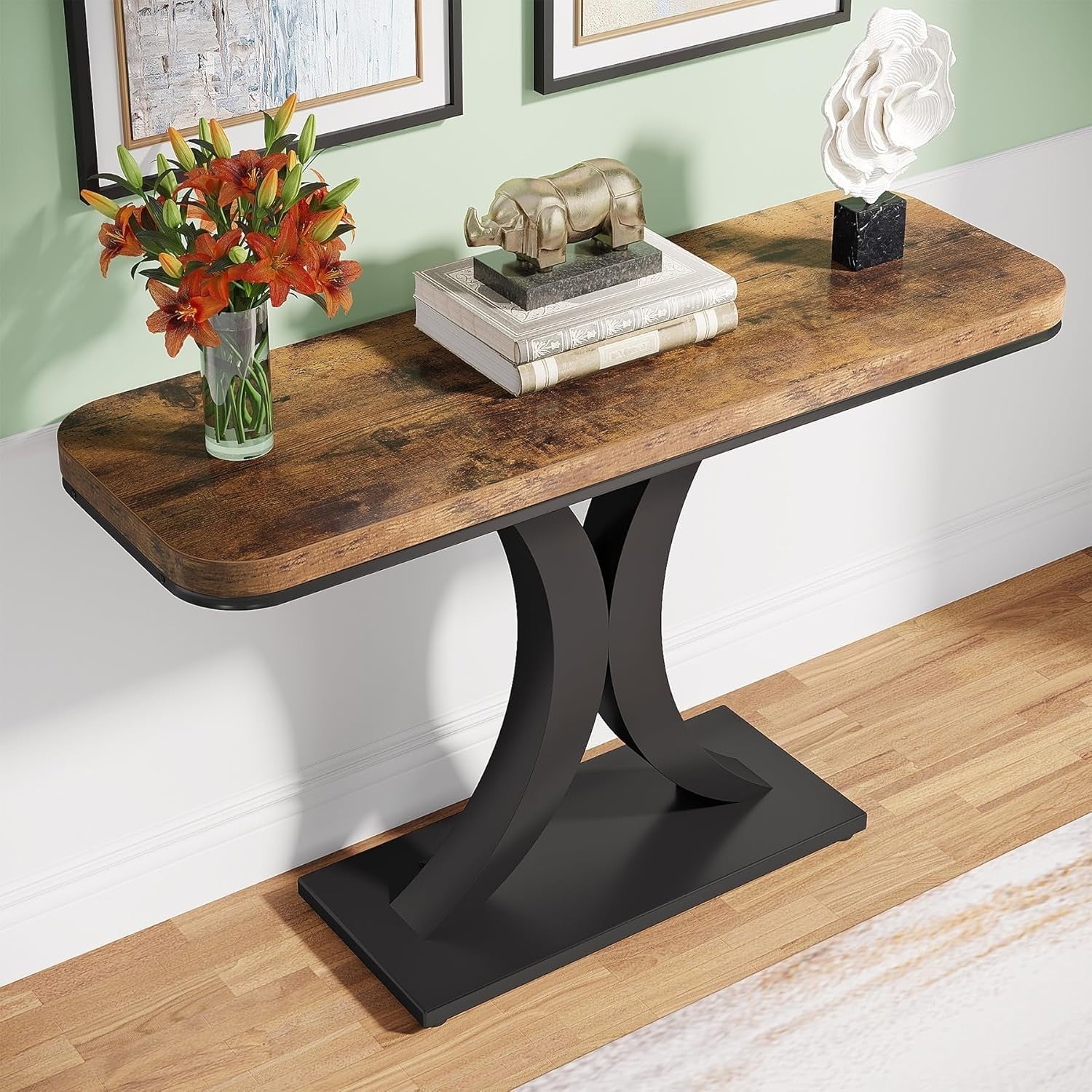 Rustic Narrow Console Table 30” Entryway Accent Table with Geometric Base