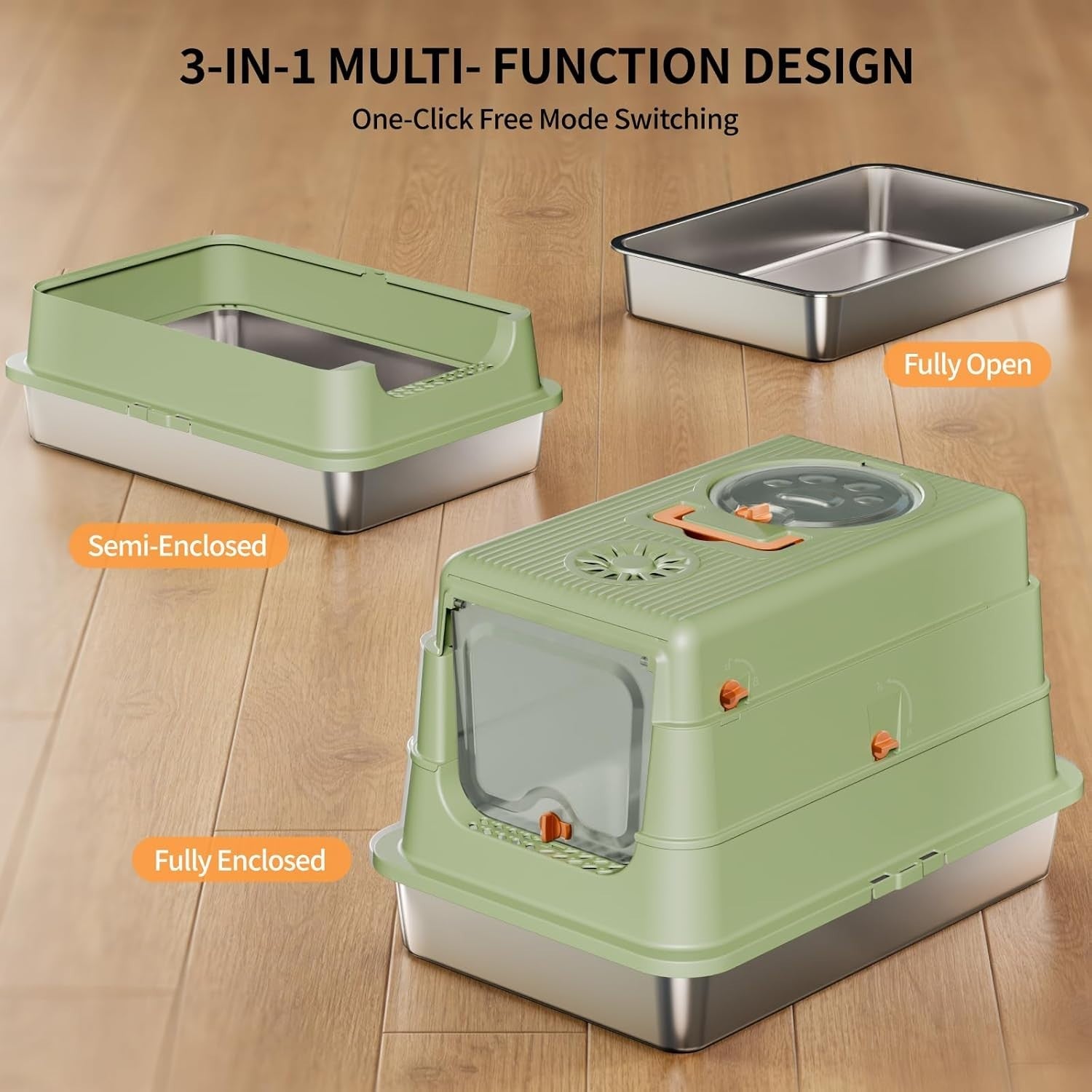 XL Stainless Steel Cat Litter Box Covered Leak Proof Odor Control Green