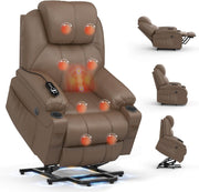 Power Lift Recliner Chair Massage USB Type-C Mocha Fabric Cup Holders Pockets