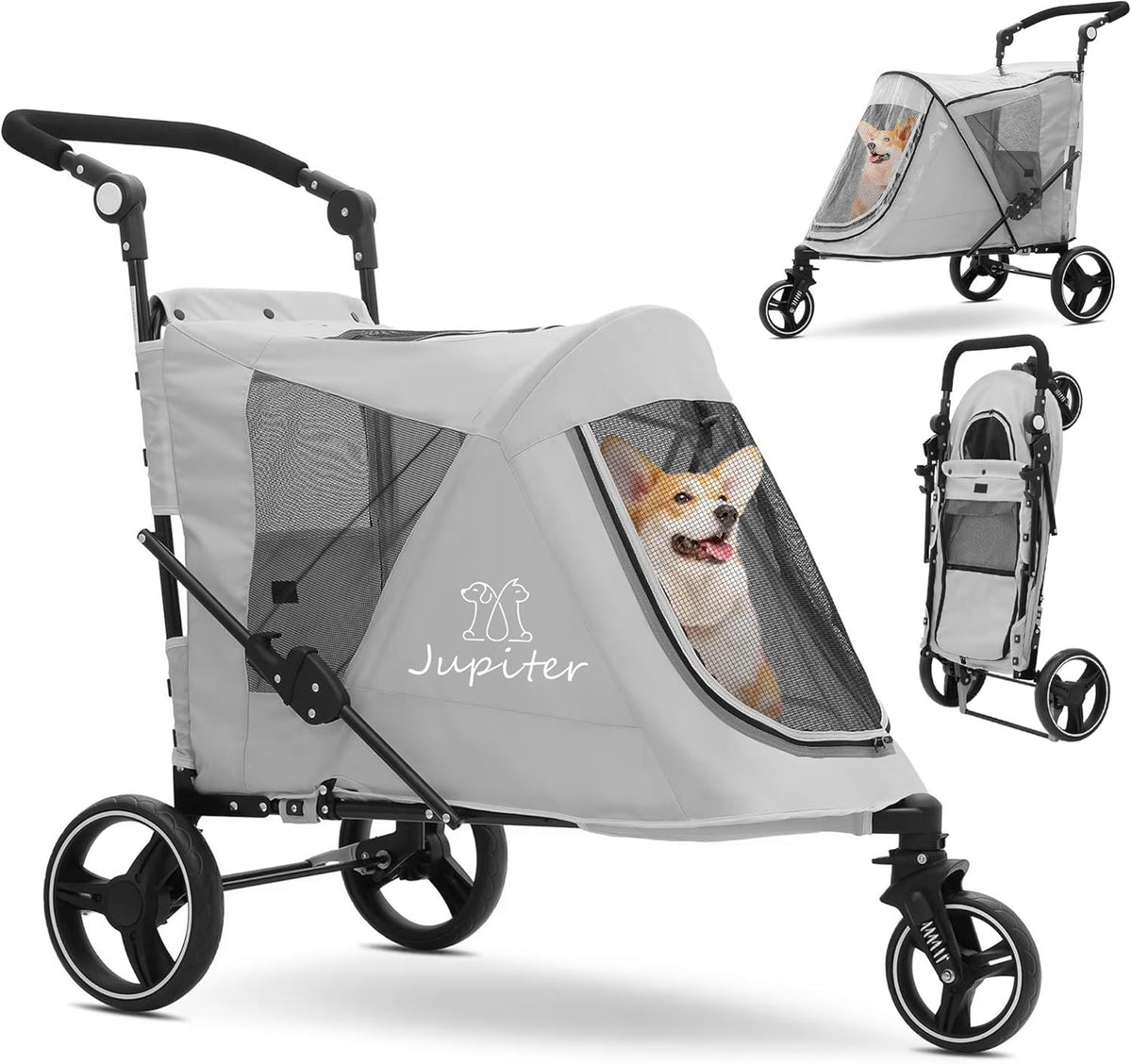 3 Wheel Dog Stroller Pushchair Foldable Pet Pram 30kg Grey