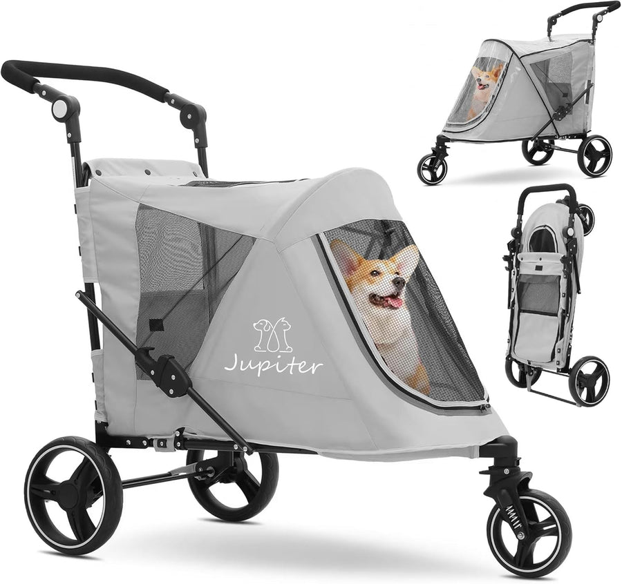 3 Wheel Dog Stroller Pushchair Foldable Pet Pram 30kg Grey