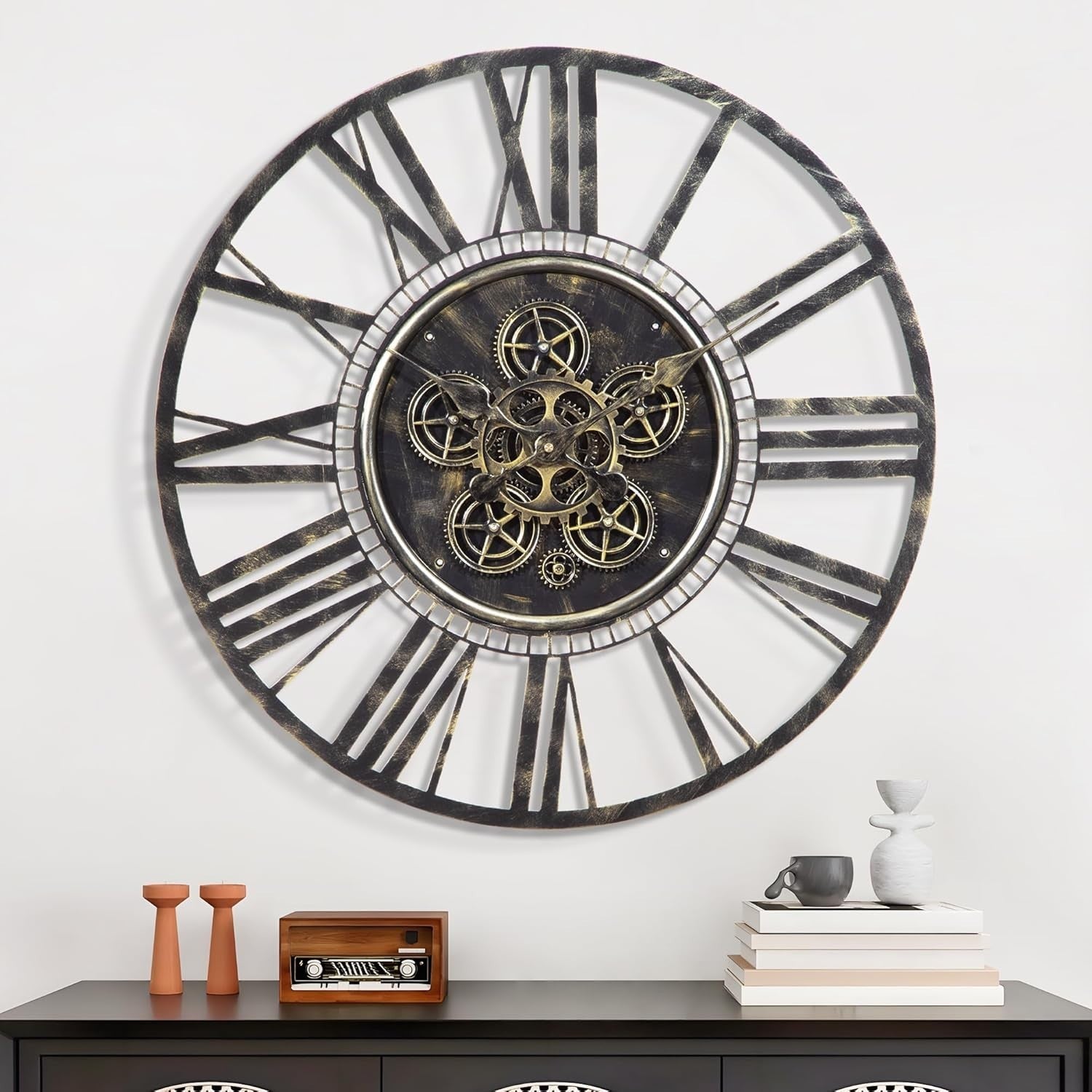 Large 20" Industrial Steampunk Gear Wall Clock | Vintage Brass Roman Numerals