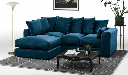 Royal Blue Plush Fabric Left Hand Corner Sofa 3 2 Seater with Swivel