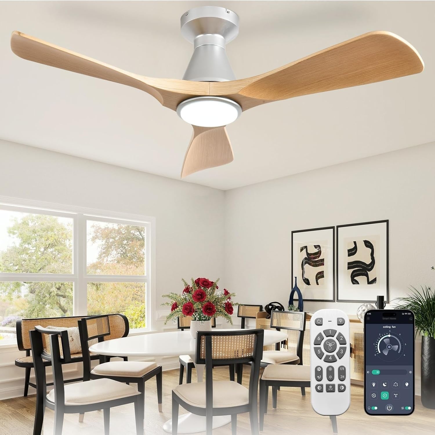 42" Ceiling Fan Light, Grainy Wood 3-Blade LED, Quiet Reversible DC