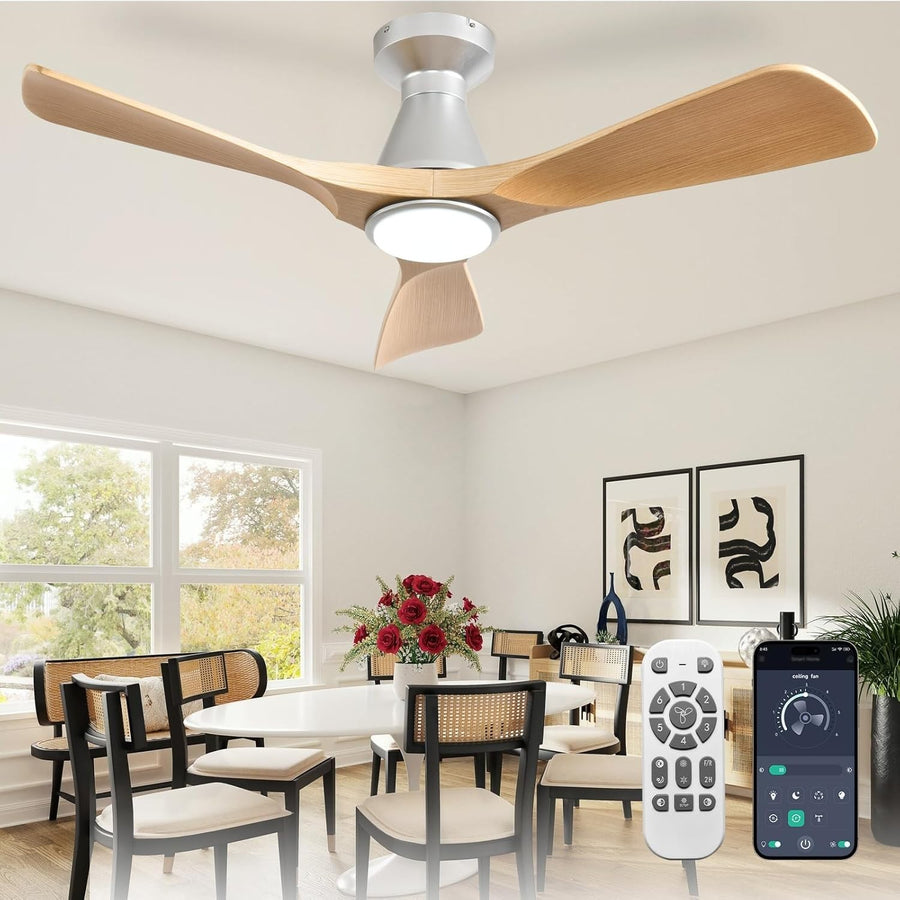 42" Ceiling Fan Light, Grainy Wood 3-Blade LED, Quiet Reversible DC