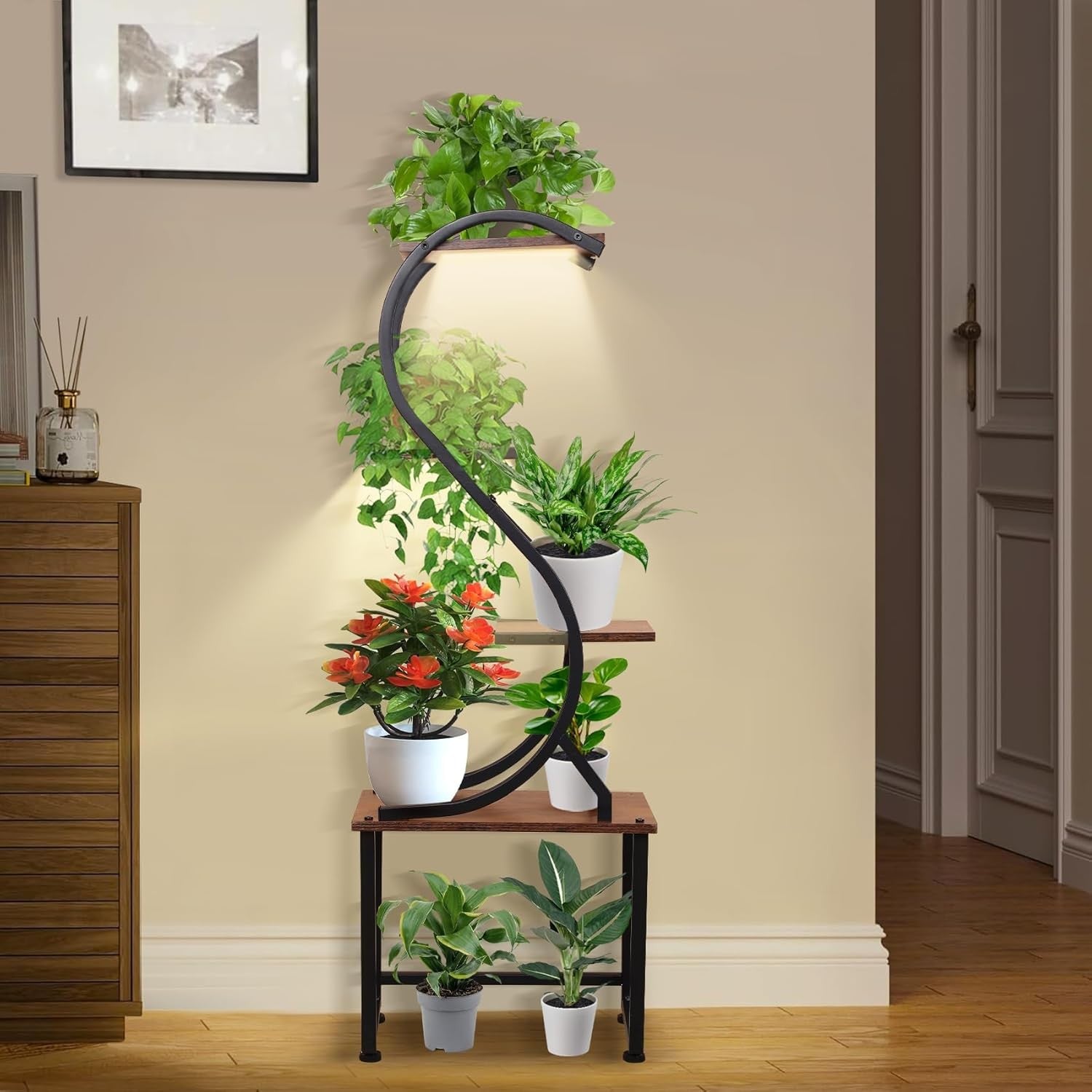 4 Tier Metal Plant Stand with Grow Lights Indoor S Shape Shelf for Living Room