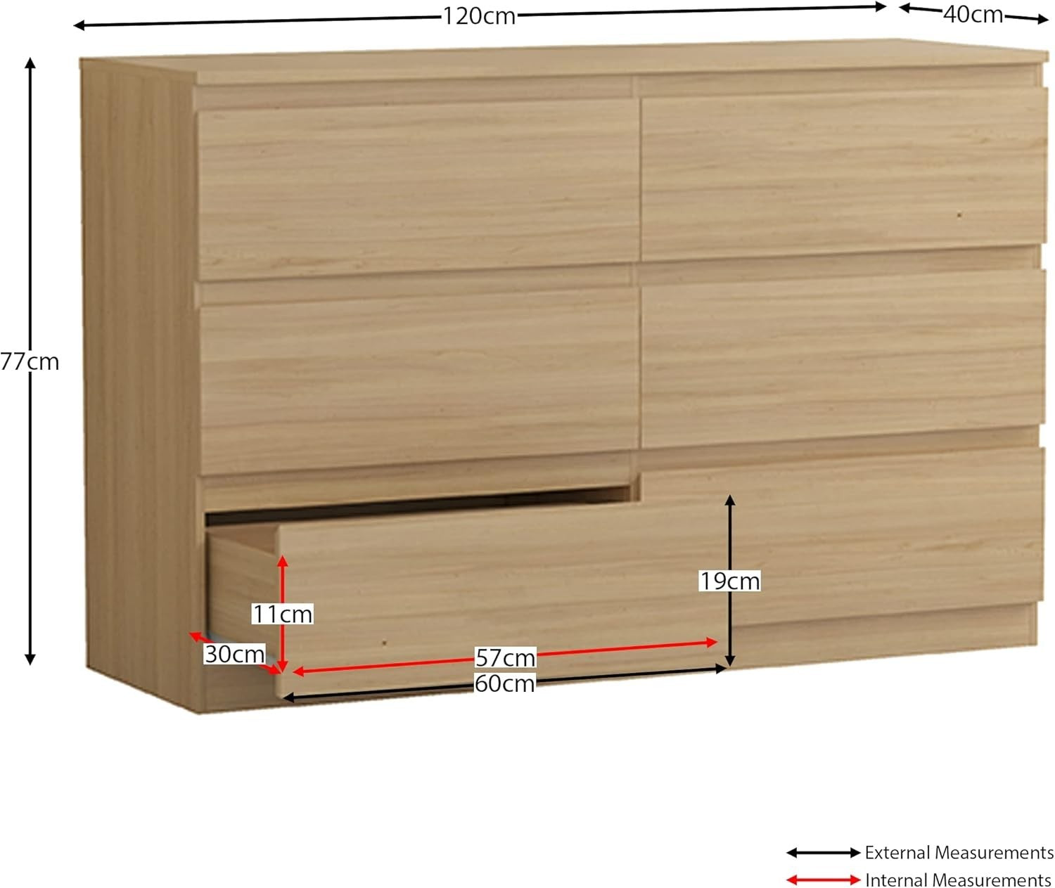 Modern 6 Drawer Chest Pine Wood Storage Unit for Bedroom Living Room