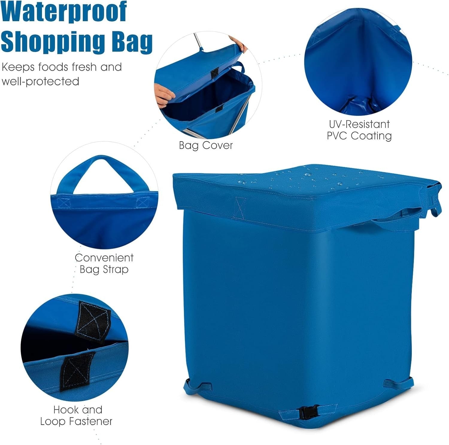 90L Folding Shopping Cart 8 Wheels Waterproof Grocery Trolley Blue