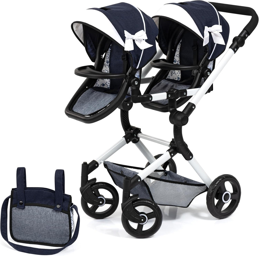 Twin Doll Pram Double Stroller Adjustable Reversible Handle Basket Bag