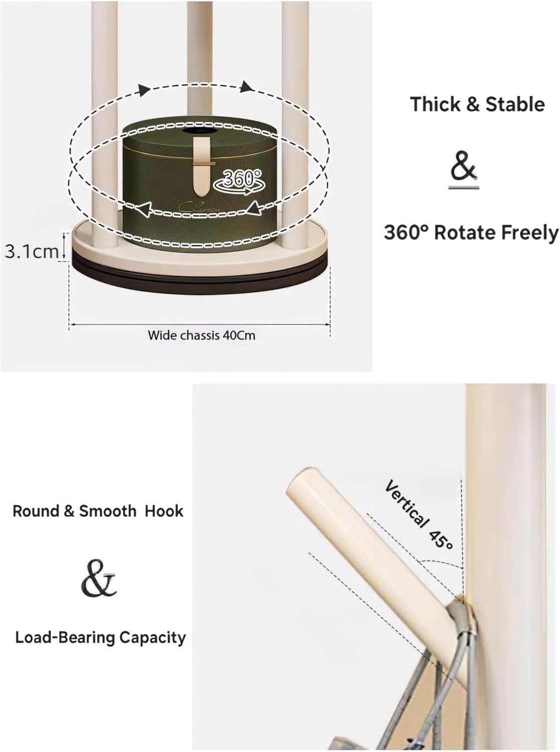 360° Rotating White Wooden Coat Rack Stand with Shelf Solid Wood Hall Tree