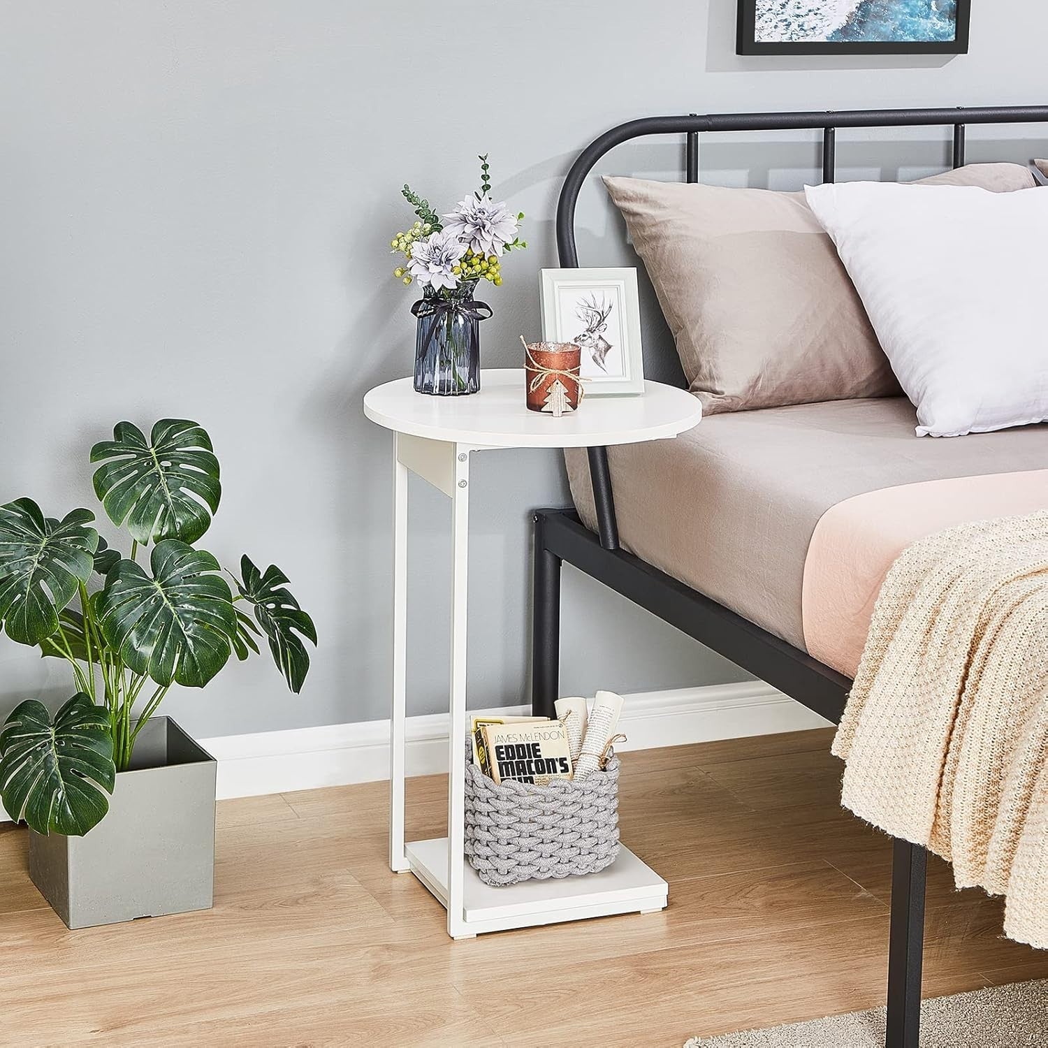 Slim C-Shaped Side Table with 15" Round Top – Space-Saving White End Table