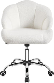 Snowy Boucle Shell Back Swivel Vanity Chair w/ Wheels Armless Adjustable Seat