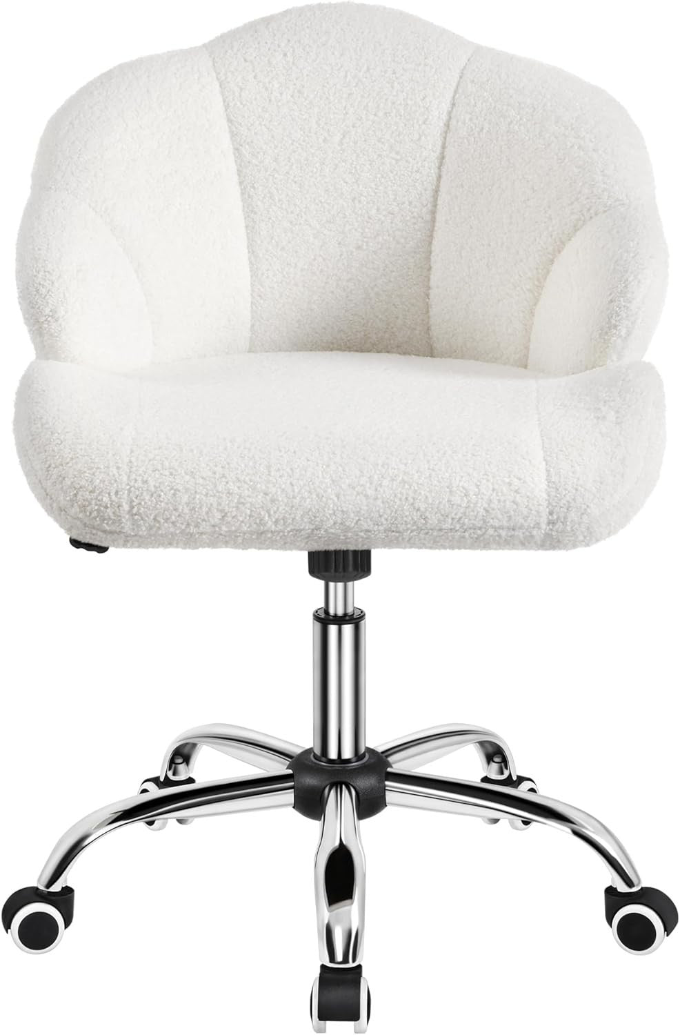 Snowy Boucle Shell Back Swivel Vanity Chair w/ Wheels Armless Adjustable Seat