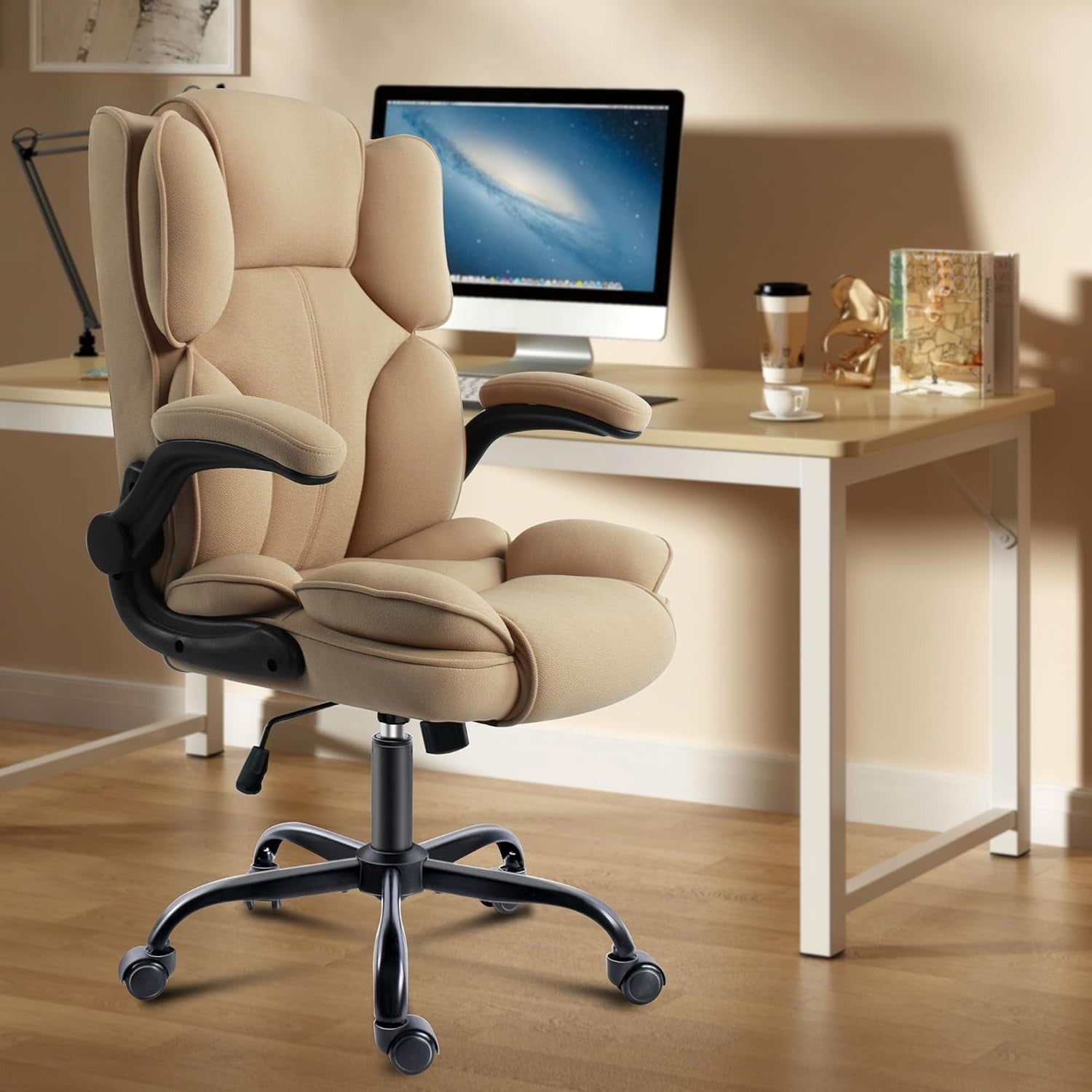 Ergonomic Office Chair Fabric 90° Flip-Up Arms Beige