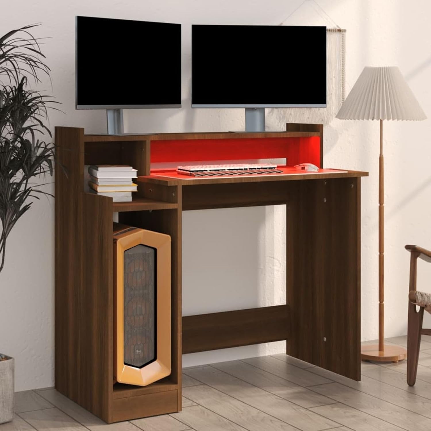 Modern LED Computer Desk 97x45x90cm Brown Oak Workstation Table for Home