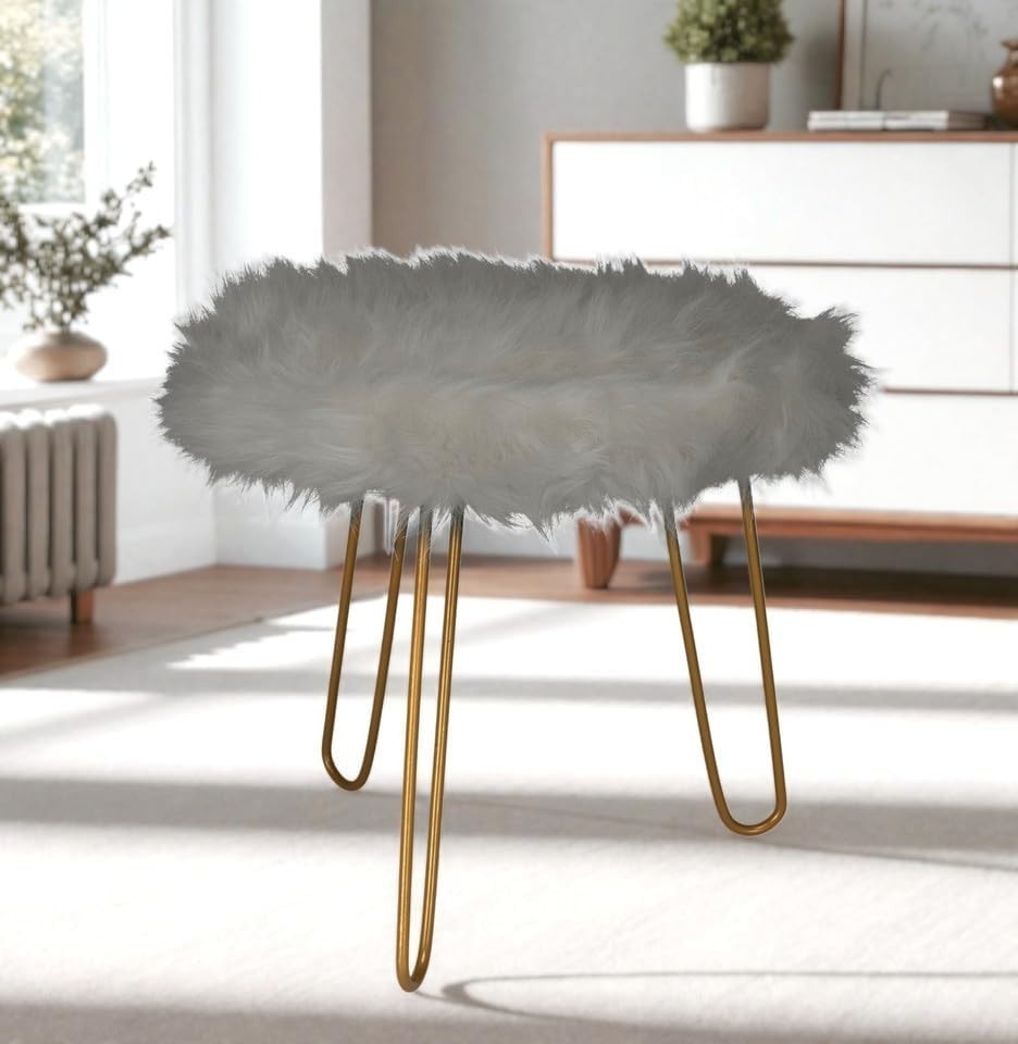Grey Faux Fur Vanity Stool Round Gold Hairpin Legs Modern Accent Seat