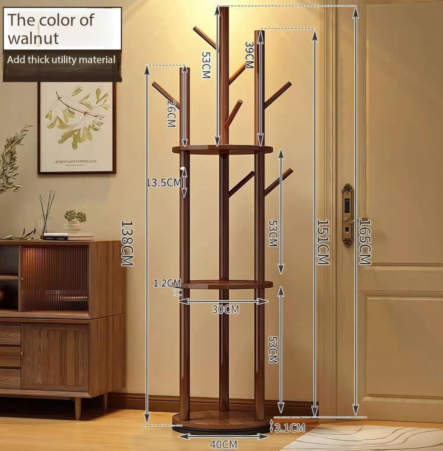 360° Rotating Wooden Coat Rack Stand with Shelf Solid Wood Hall Tree 165cm
