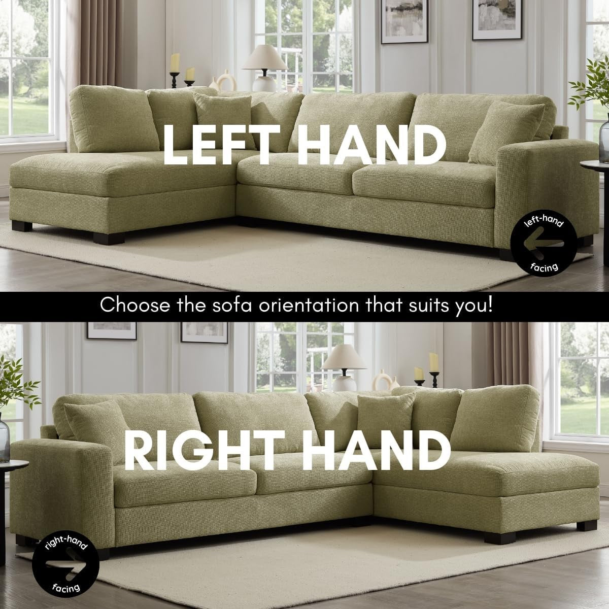 Sage Green Right Hand Corner Sofa – 5 Seater Chenille Couch w/ Footstool