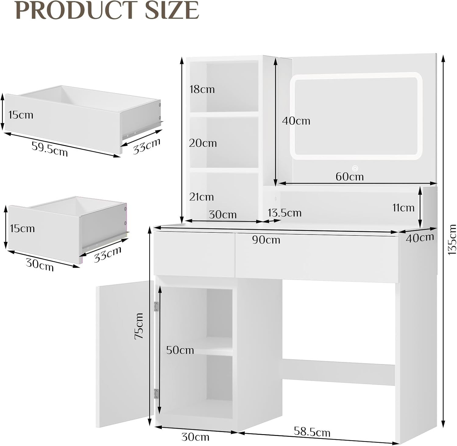 Modern LED Dressing Table Vanity Makeup Desk White 2 Drawers Storage Mirror