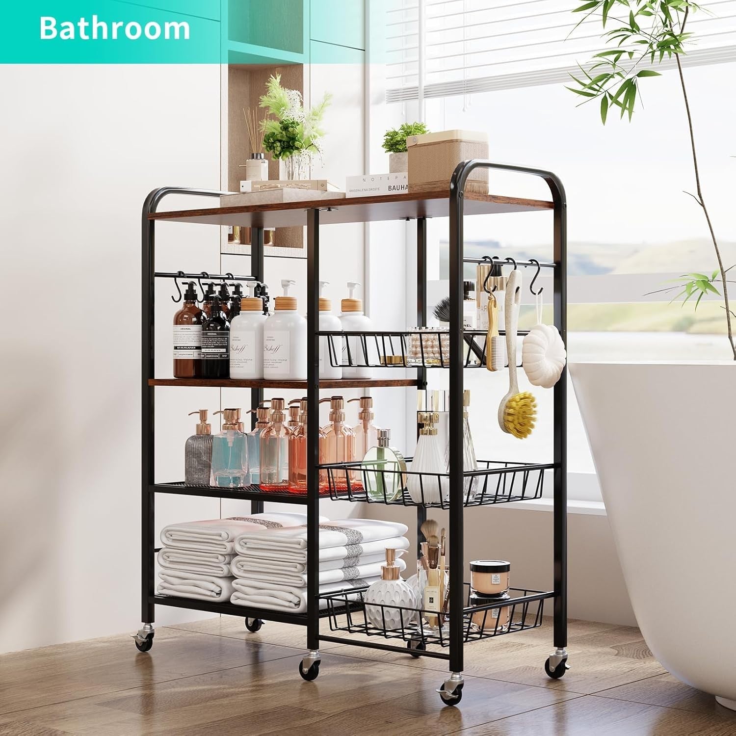 4 Tier Kitchen Trolley on Wheels w/ Pull Out Baskets