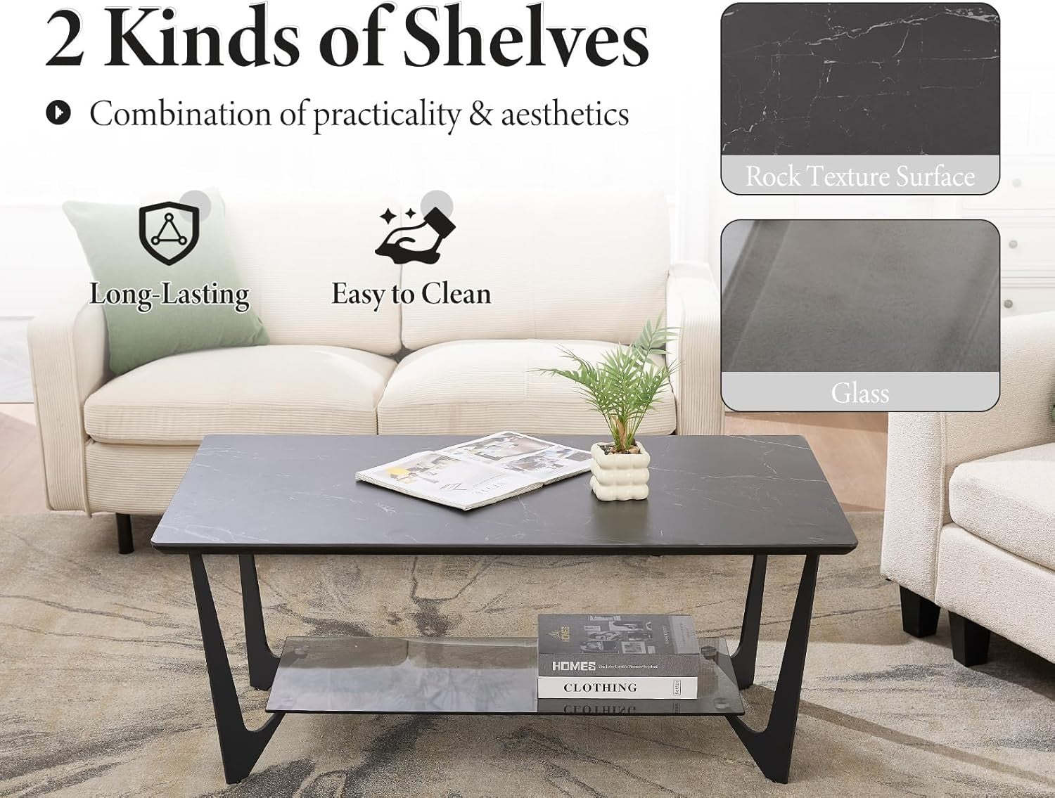 Modern Marble Look Coffee Table with Glass Shelf & Sleek Metal Legs 110x60cm