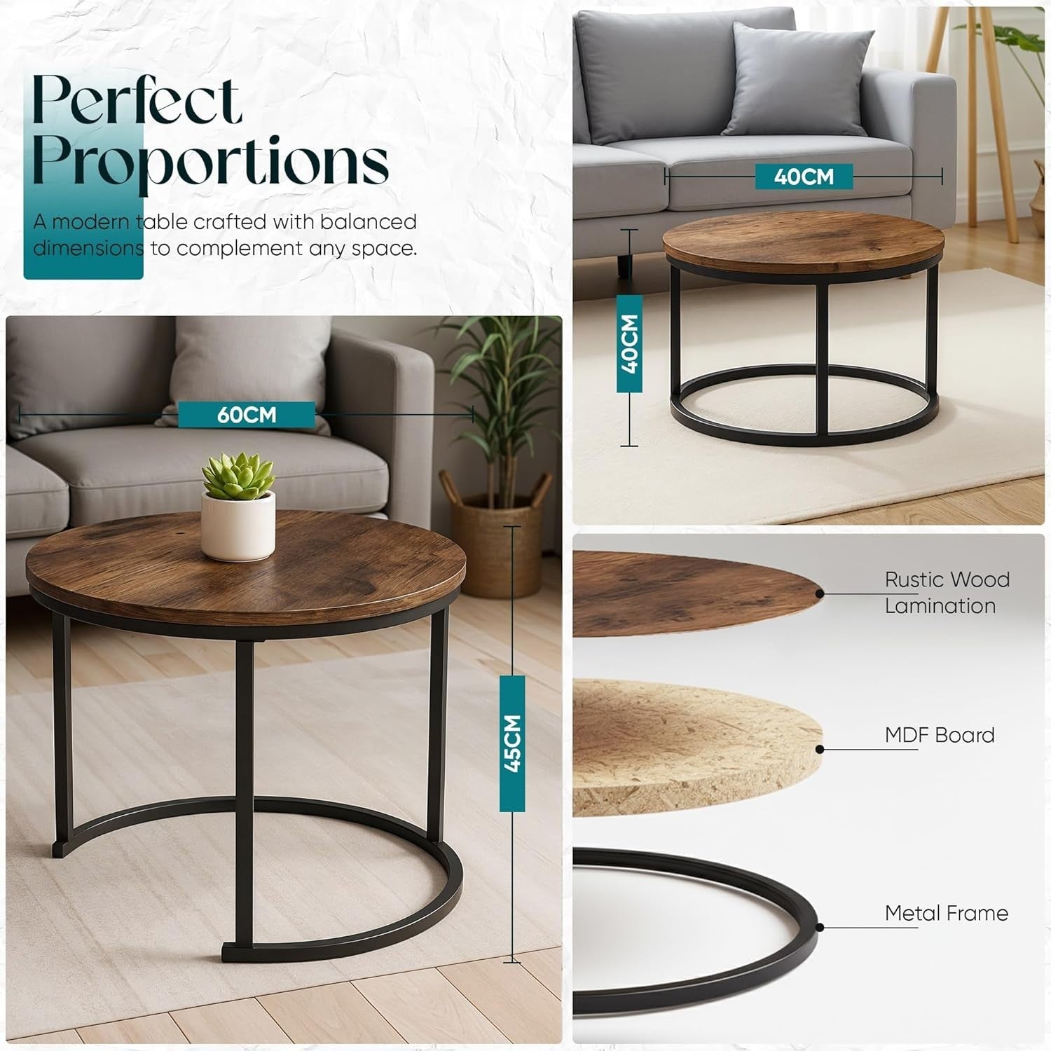 Rustic Wood Nesting Coffee Table Set, Round Stackable Side End Tables, Space Sav