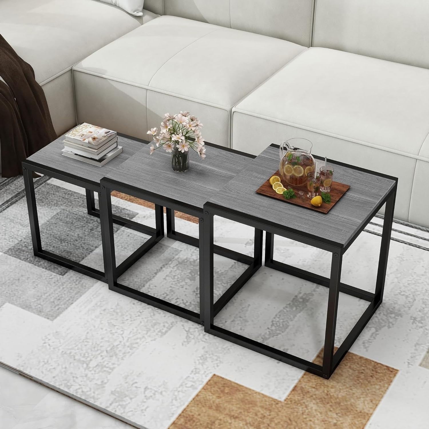 3 Nesting Coffee Tables Set Wood Metal Grey Round Side End Modern Living Room