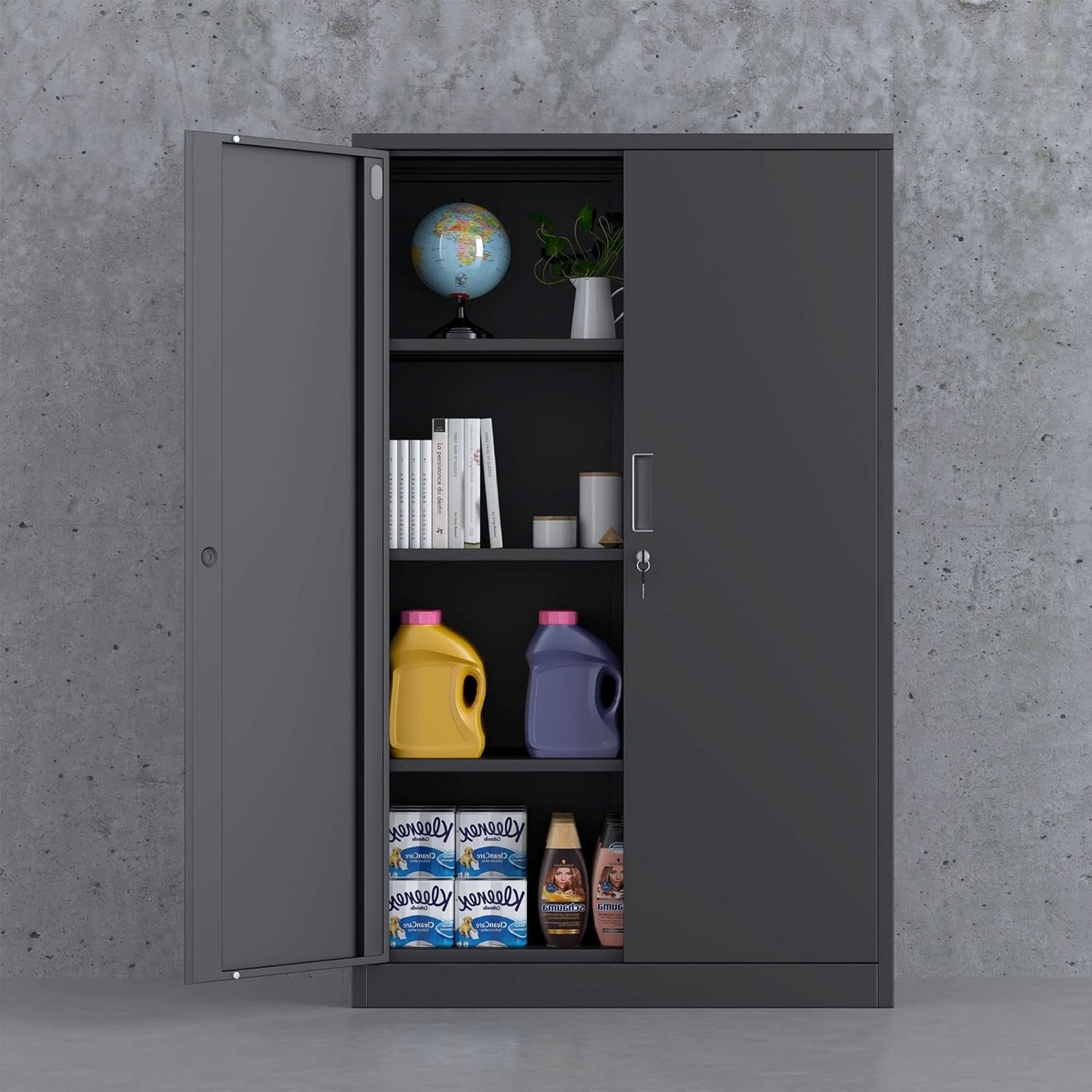 Tall Metal Storage Cabinet with Lock & 3 Adjustable Shelves Office Cupboard