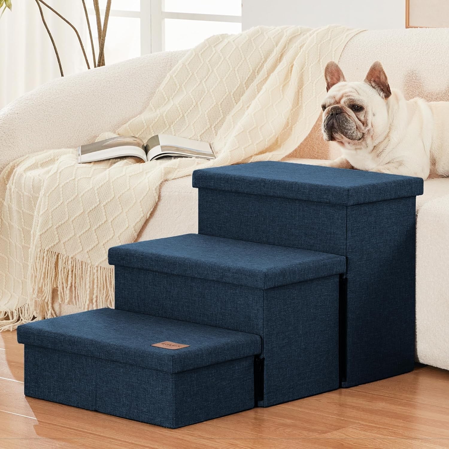 Dog Stairs 3 Step with Storage 18" High Foldable Pet Steps Navy