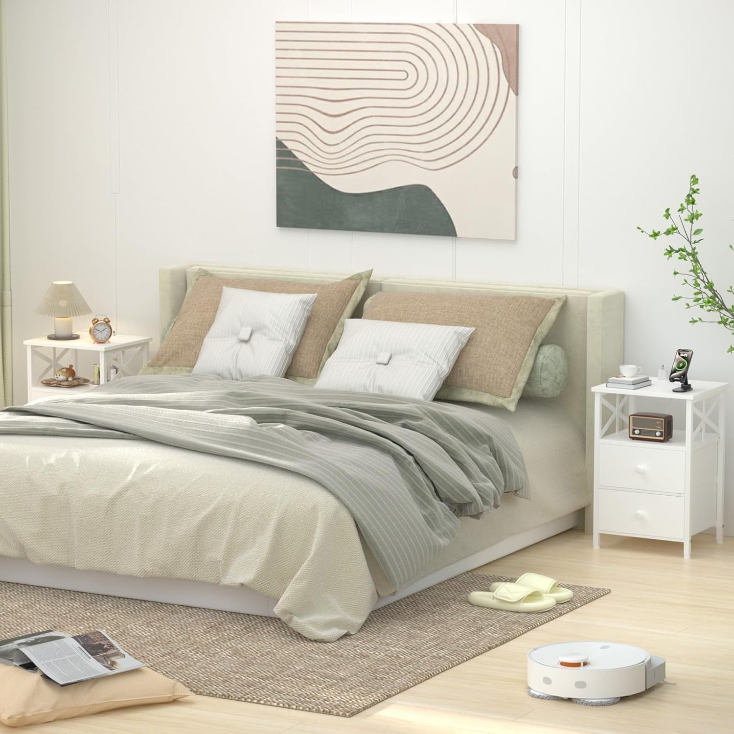 Set of 2 White Bedside Tables with USB Ports & Fabric Drawers
