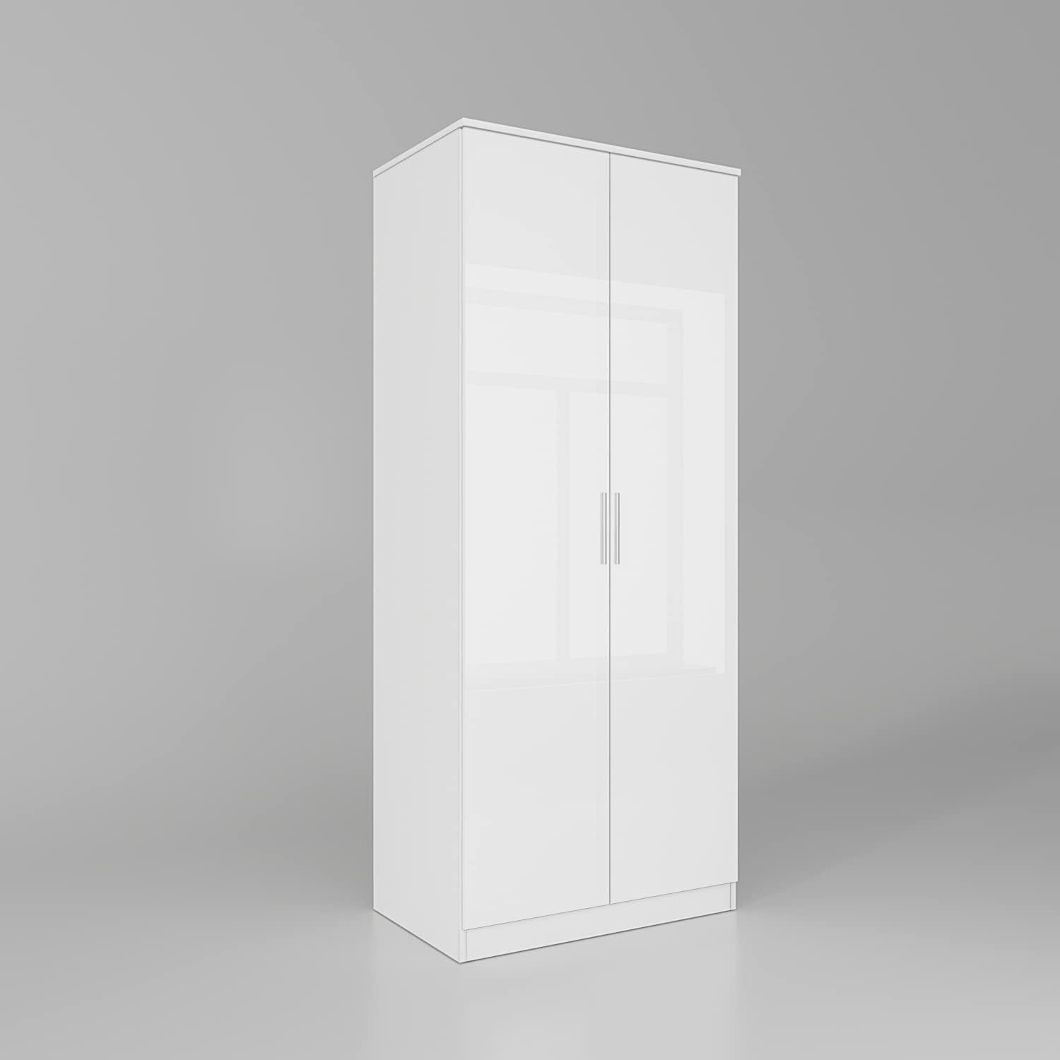White High Gloss Wardrobe 2 Door Soft Close Storage Shelves Modern