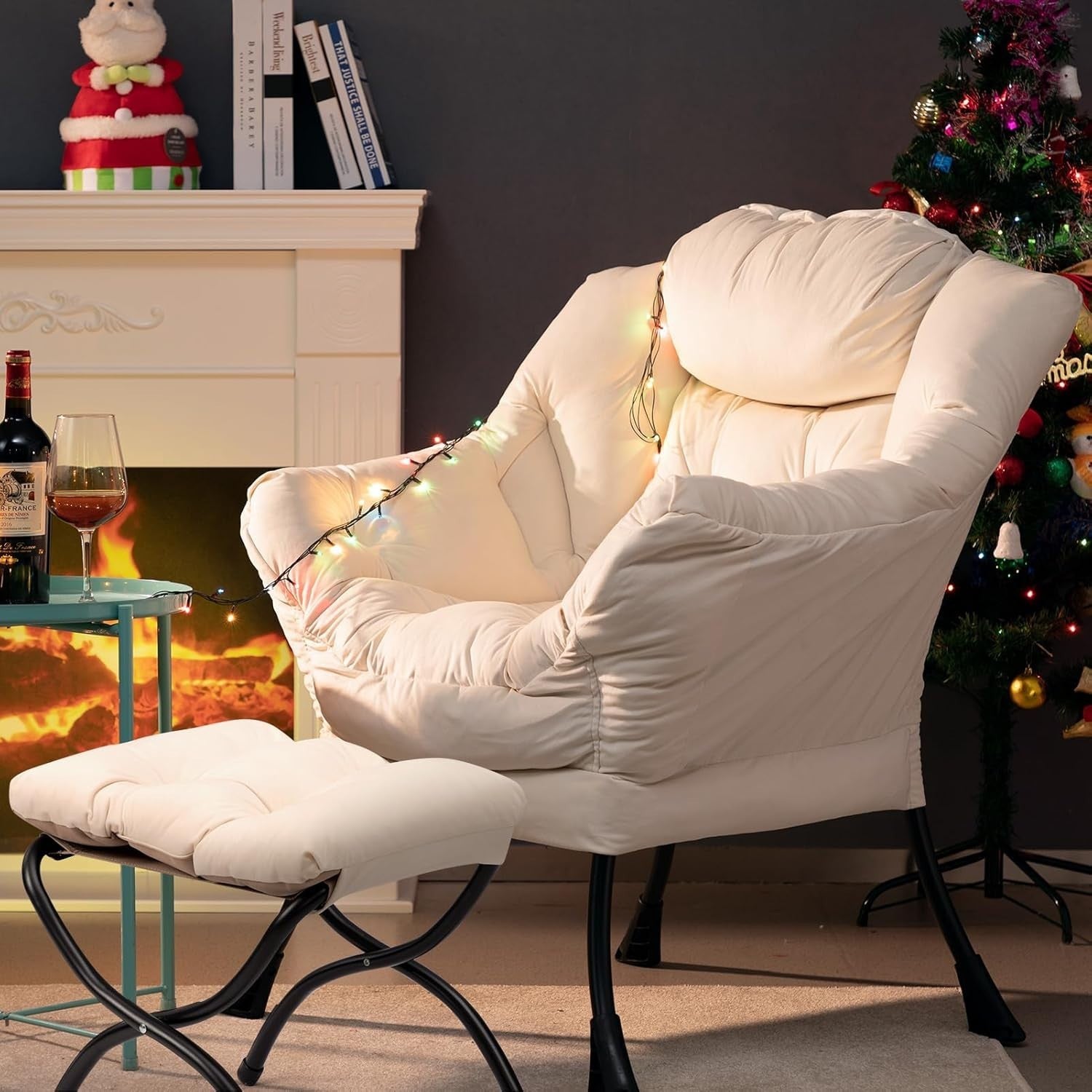 Plush Velvet Armchair with Footstool Living Room Bedroom Lounge Chair Beige